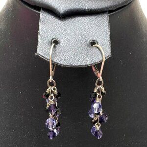 Sterling Silver Cluster Drop Earrings Crystal Cluster Purple & Black Beads 925